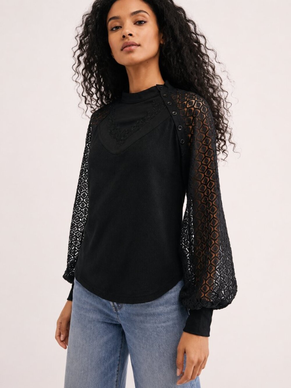 Free People Sweetest Thing Lace Sleeve Thermal Top Black XS NWT